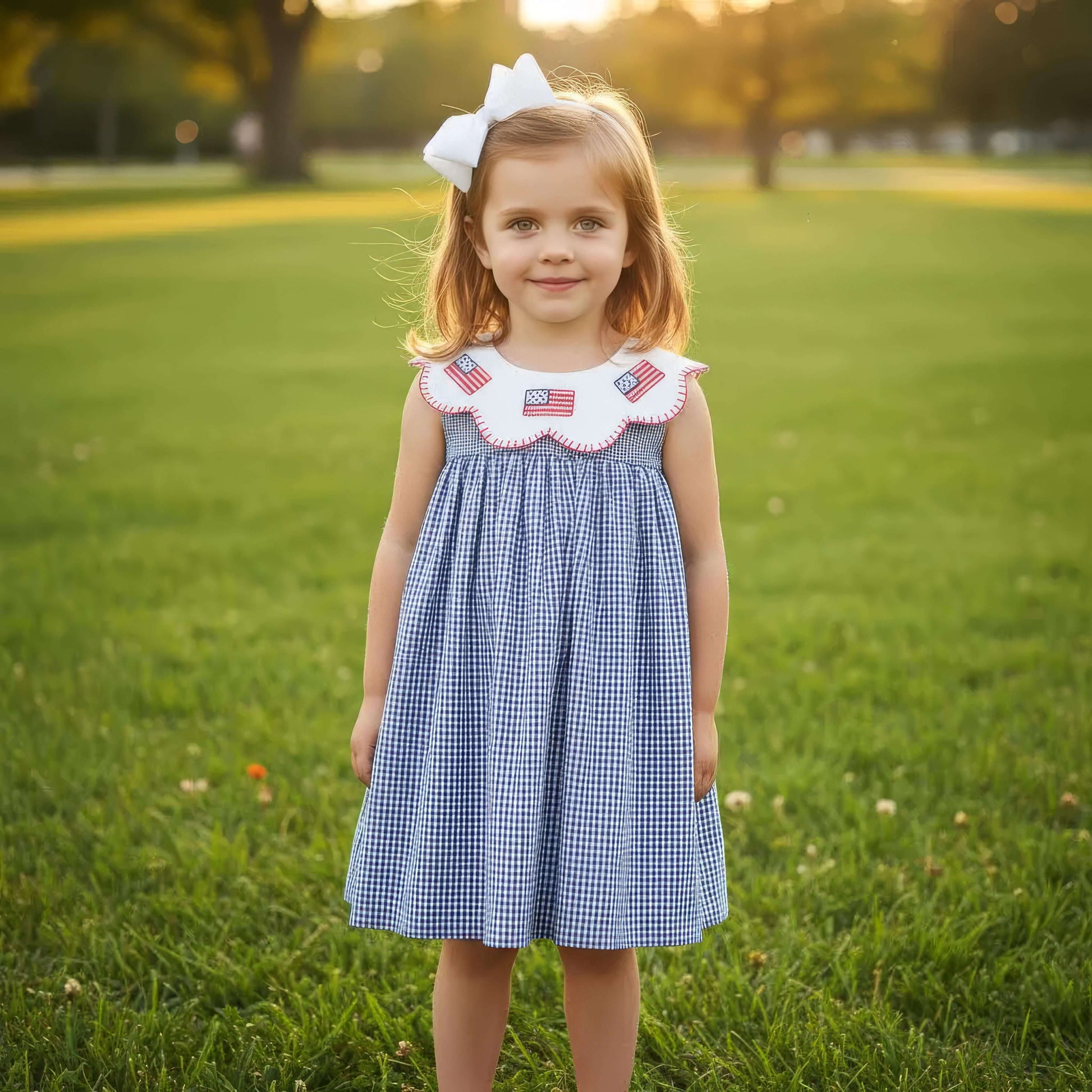 Young girl in a blue checkered dress with American flag details standing in a grassy field.