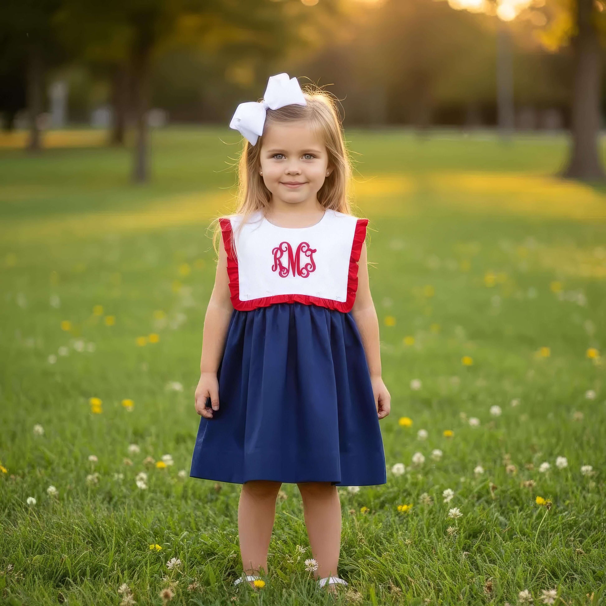 Young girl in a blue dress with red trim standing in a grassy field.