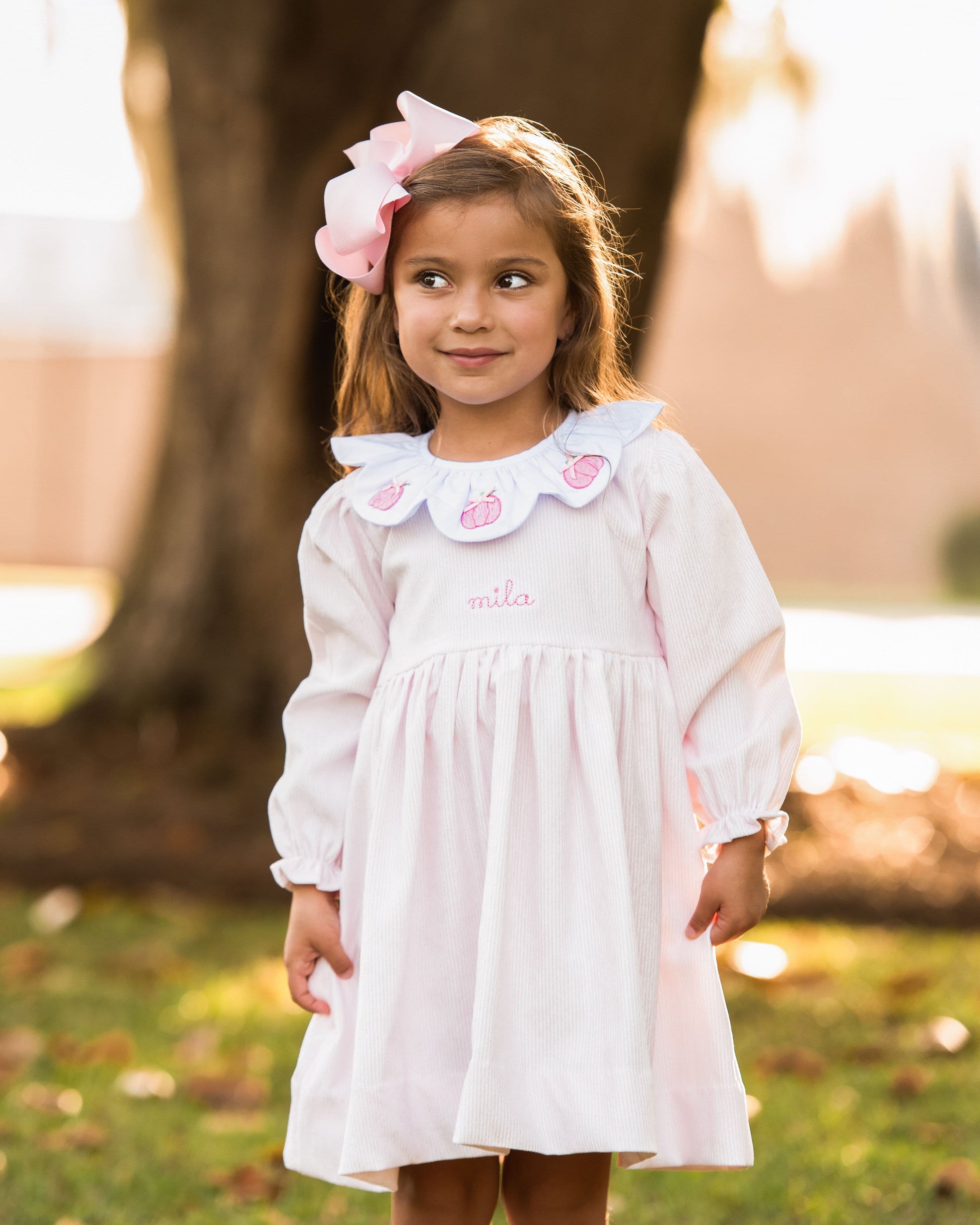 Young girl in a pink dress with white collar and pumpkin, standing outdoors.