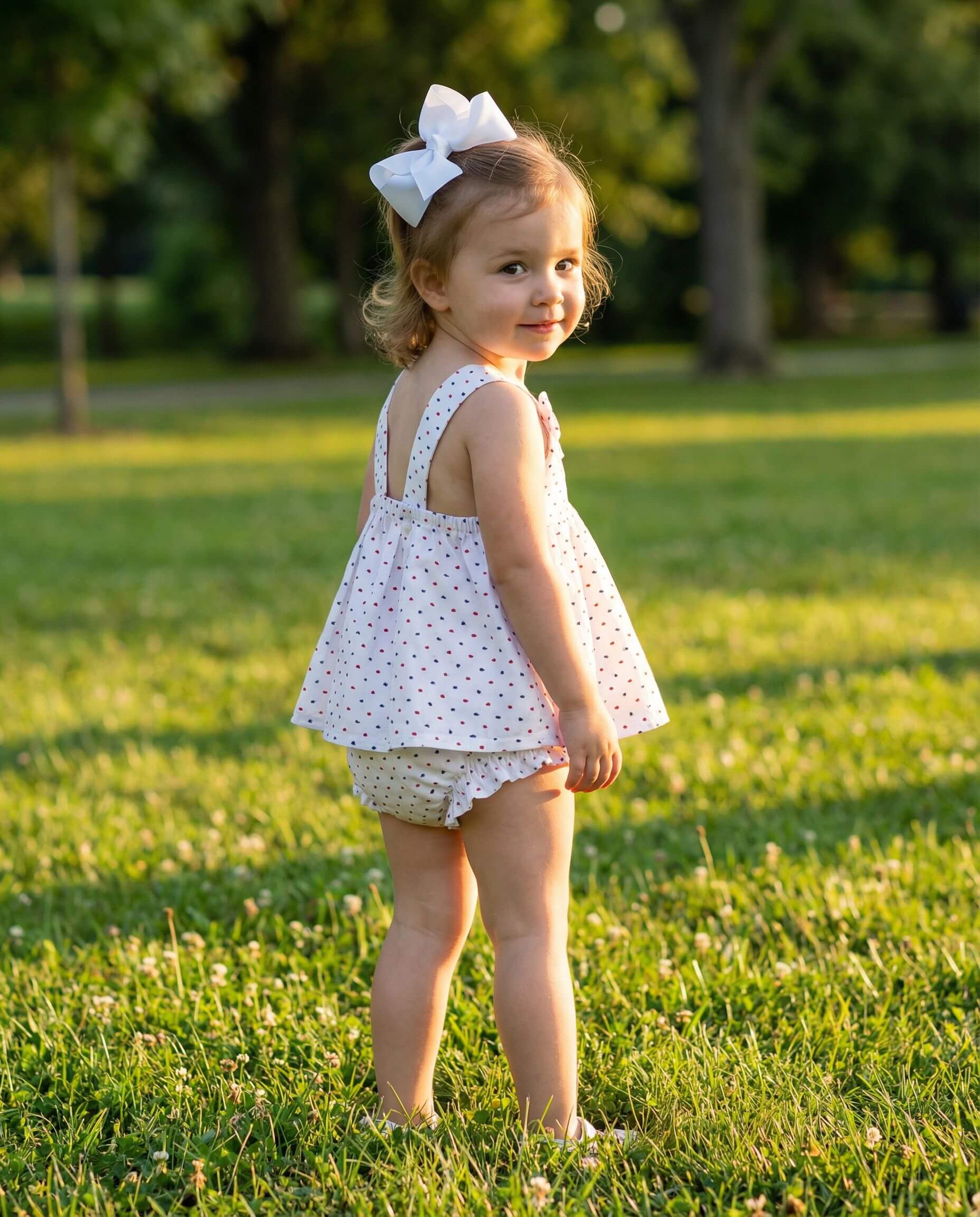 Young girl in a white polka dot dress with a bow standing on grass