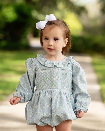 Blue Floral Corduroy Smocked Bubble