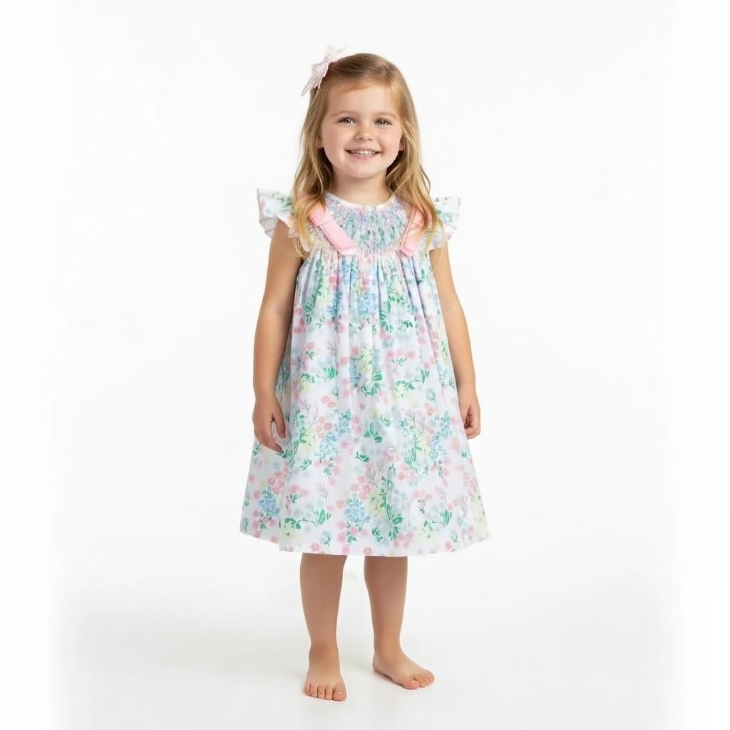 Young girl wearing a floral dress on a white background
