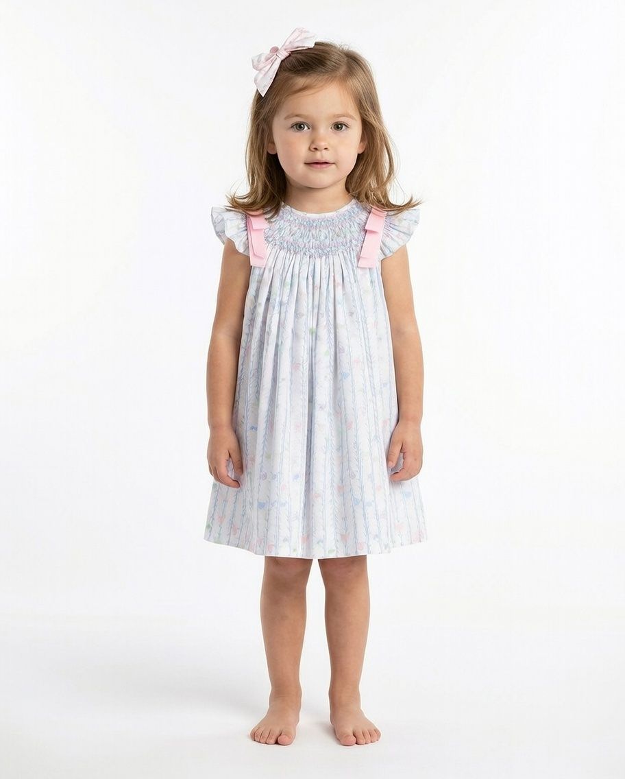 Young girl wearing a white dress with pink accents on a white background