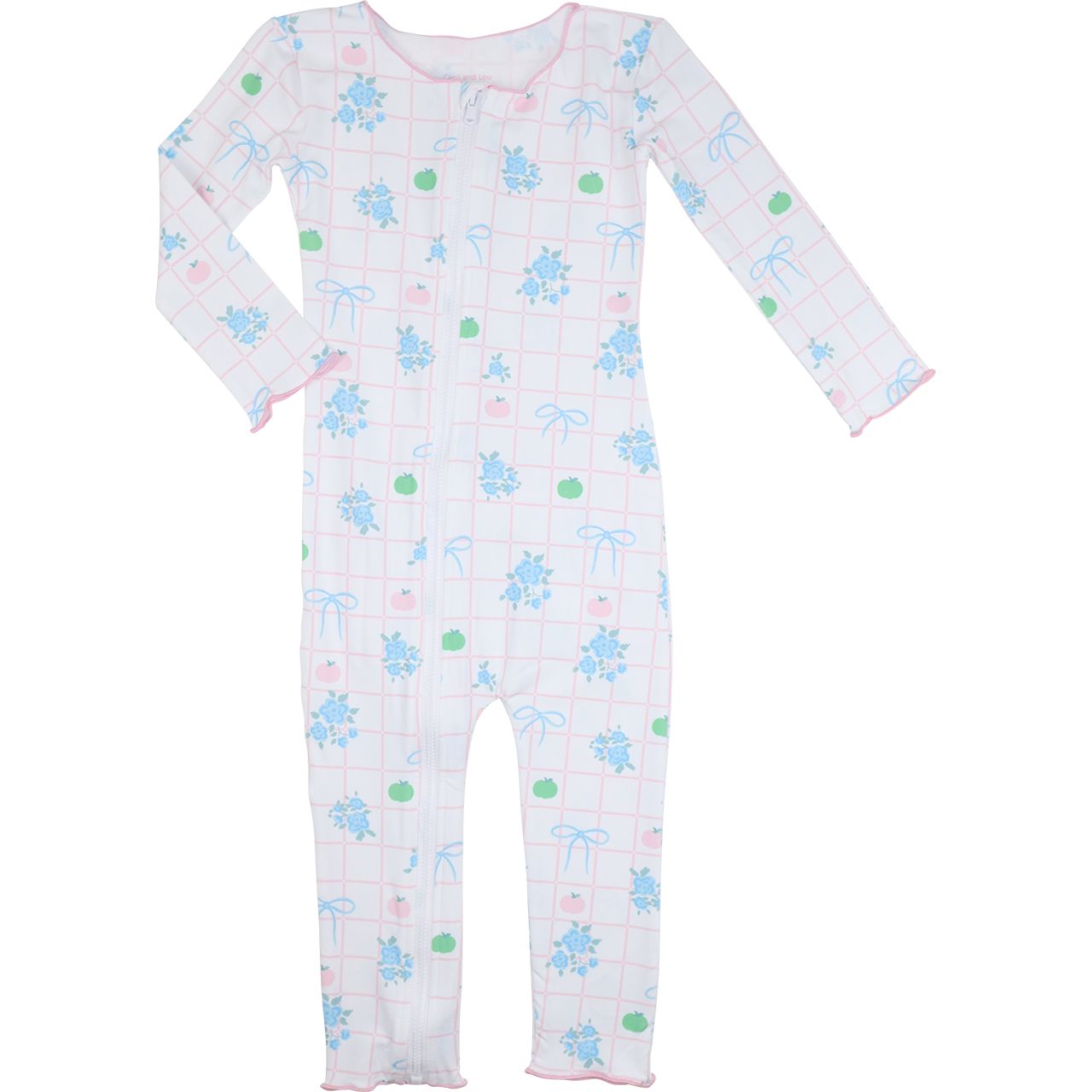 Zipper pajama with colorful floral and pumpkin pattern on a white background