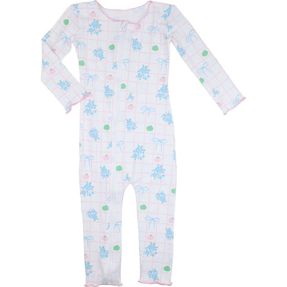 Zipper pajama with colorful floral and pumpkin pattern on a white background