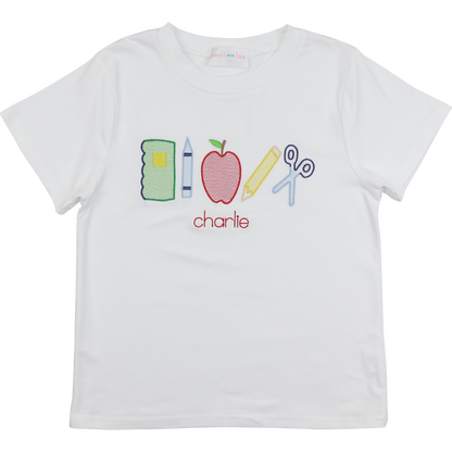 White Embroidered Back To School Knit Shirt