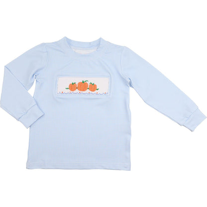 Blue Knit Gingham Smocked Pumpkin Shirt