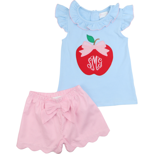 Pink And Blue Gingham Applique Apple Short Set