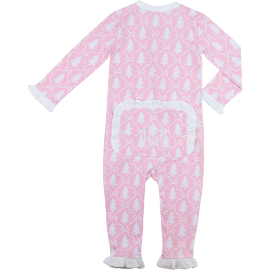 Pink And White Knit Christmas Tree Zipper Pajamas