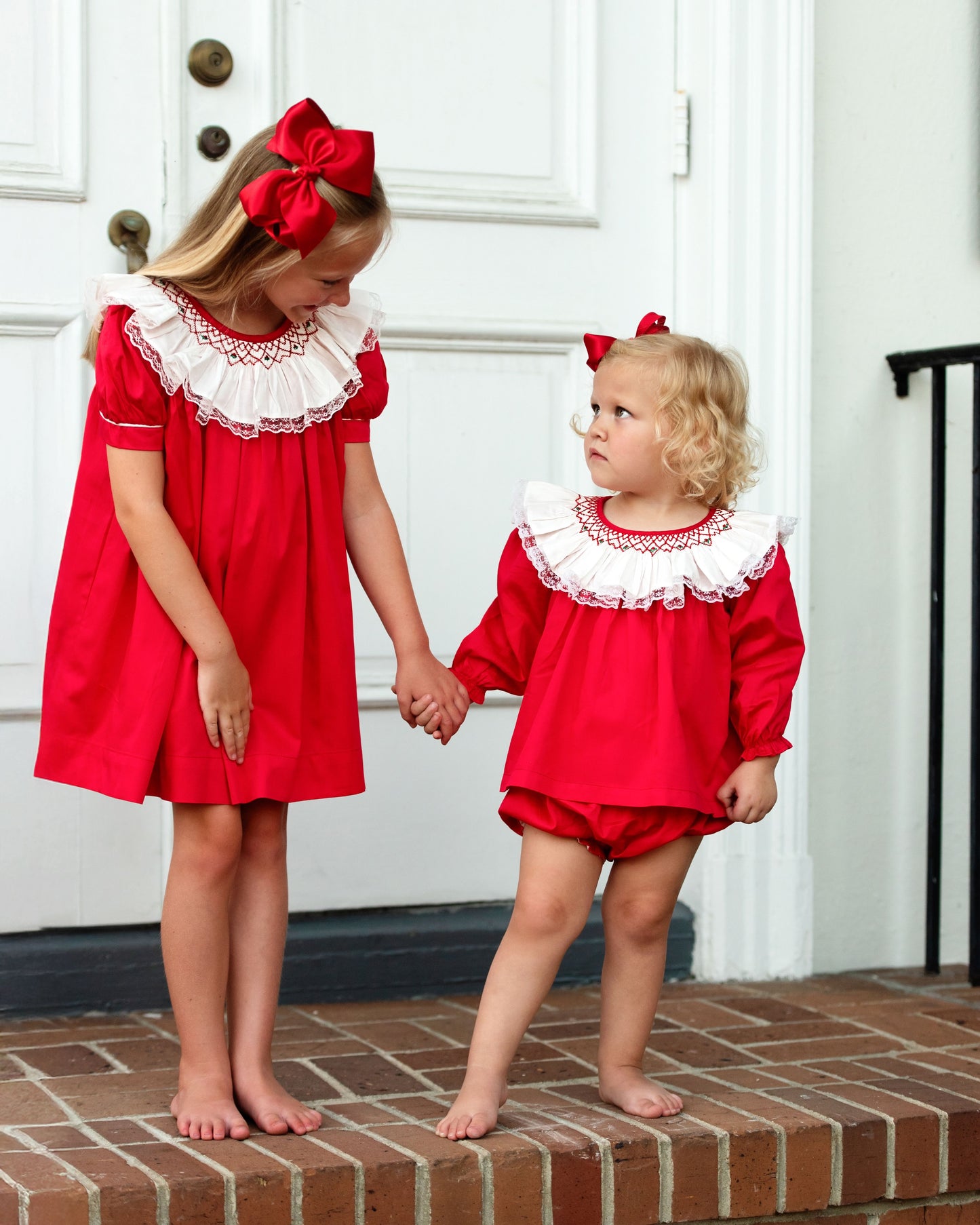 Red Smocked Lace Collar Dress