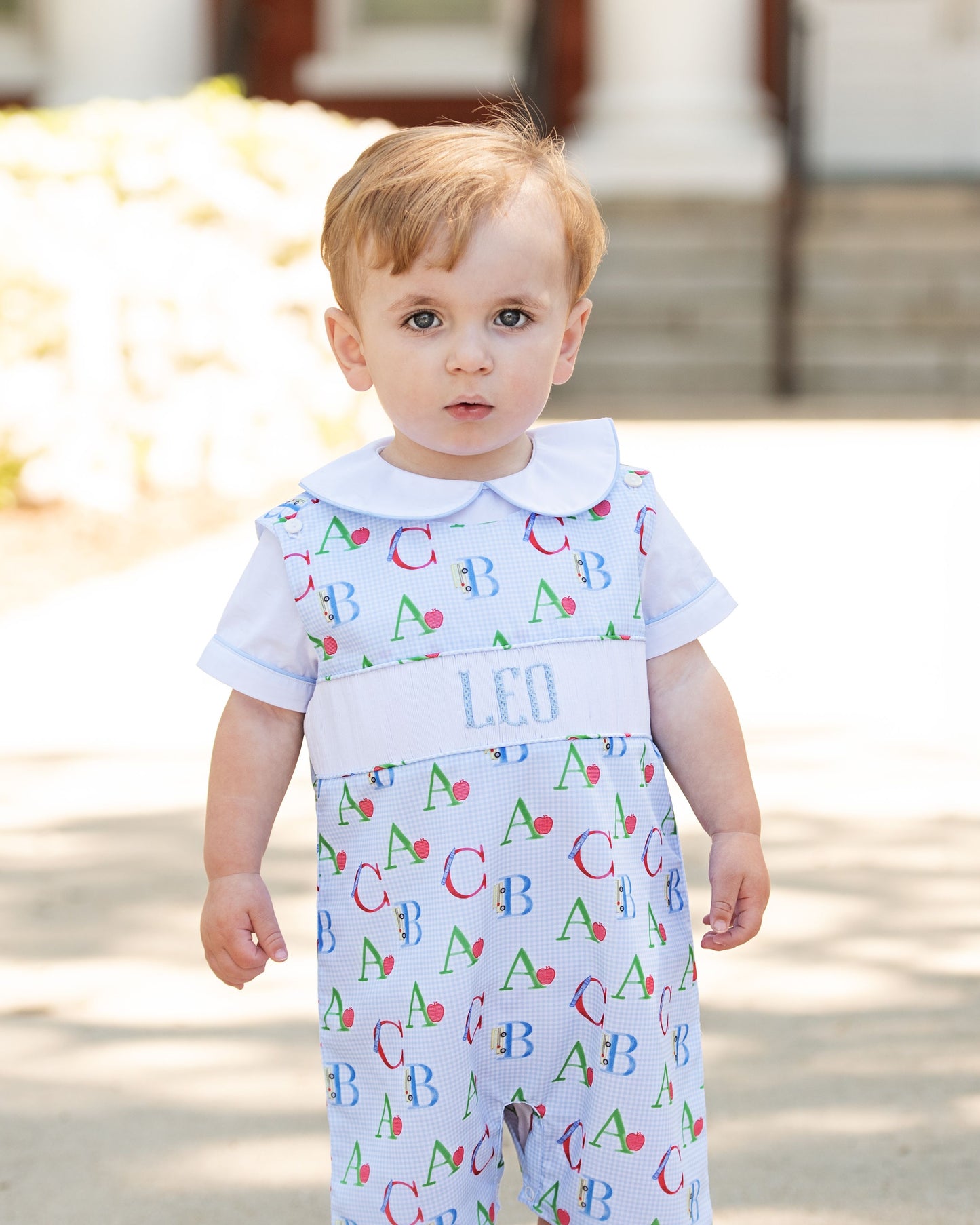 Blue Gingham Custom Smocked Alphabet Jon Jon Set