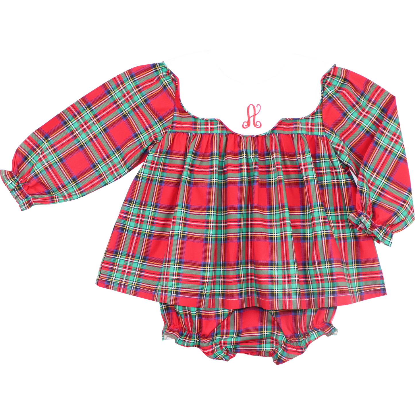 Red Christmas Plaid Scalloped Collar Diaper Set