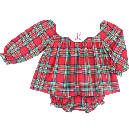 Red Christmas Plaid Scalloped Collar Diaper Set