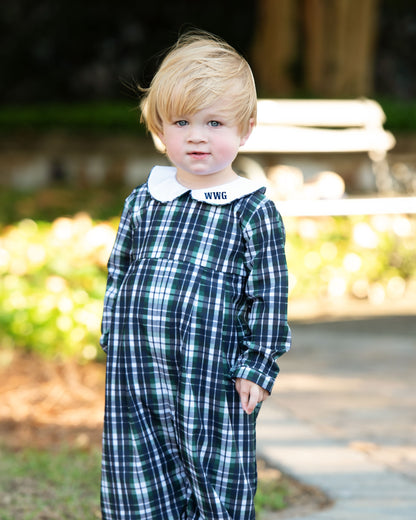 Green And Navy Plaid Long Romper
