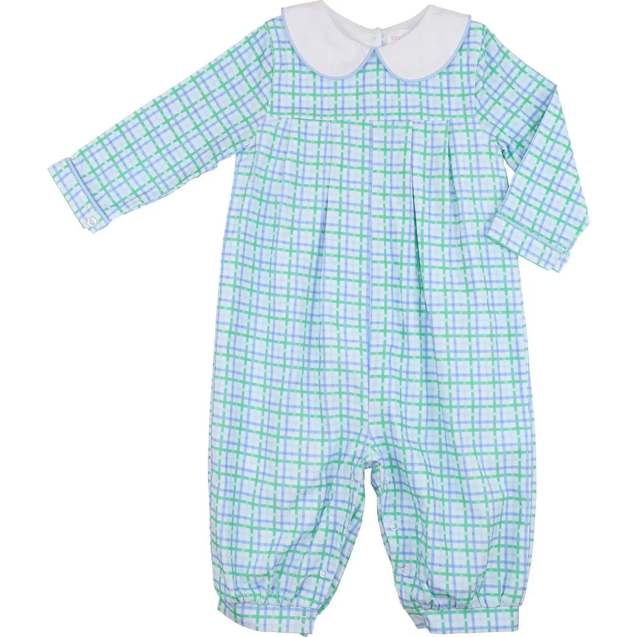 Baby romper with blue and green checkered pattern on a white background