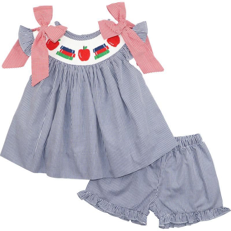 Navy Gingham Smocked Books And Apple Short Set
