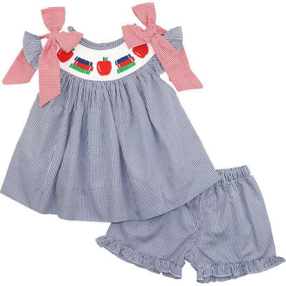 Navy Gingham Smocked Books And Apple Short Set