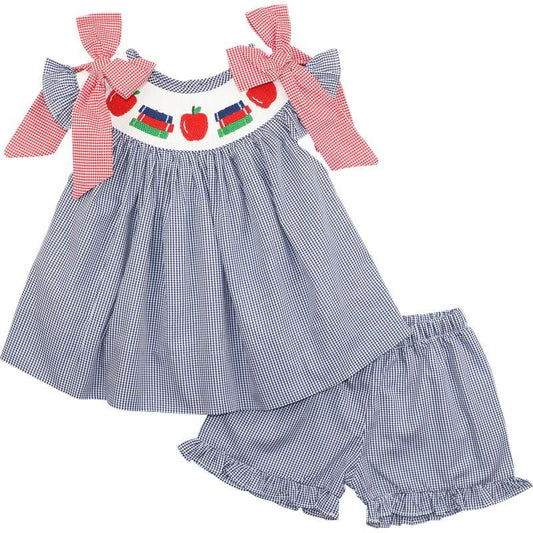 Navy Gingham Smocked Books And Apple Short Set