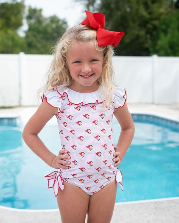 Pink Stripe Santa Print Lycra Swimsuit