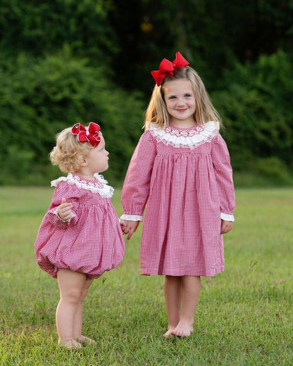 Red Gingham Smocked Ruffle Collar Bubble