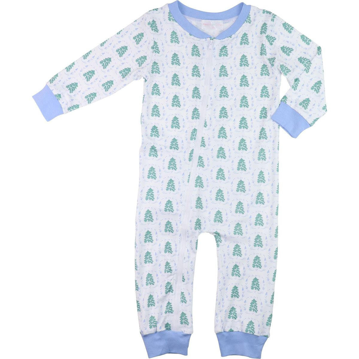 Blue And Green Christmas Tree Print Knit Zipper Pajamas - Shipping Early November  Smocked Threads
