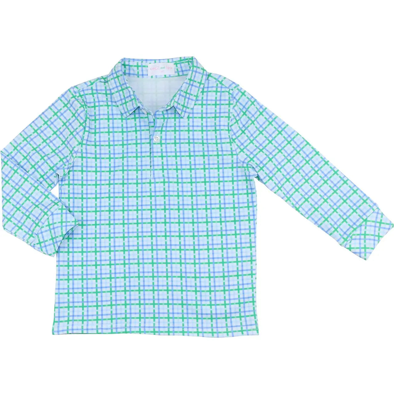 Blue and Green Windowpane Knit Polo Shirt