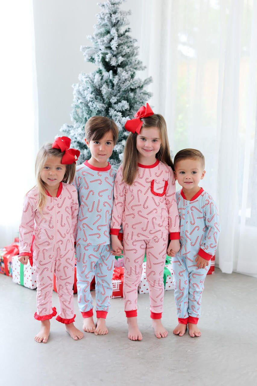 Blue And Red Candy Cane Knit Zipper Pajamas - Shipping Mid October  Monogram