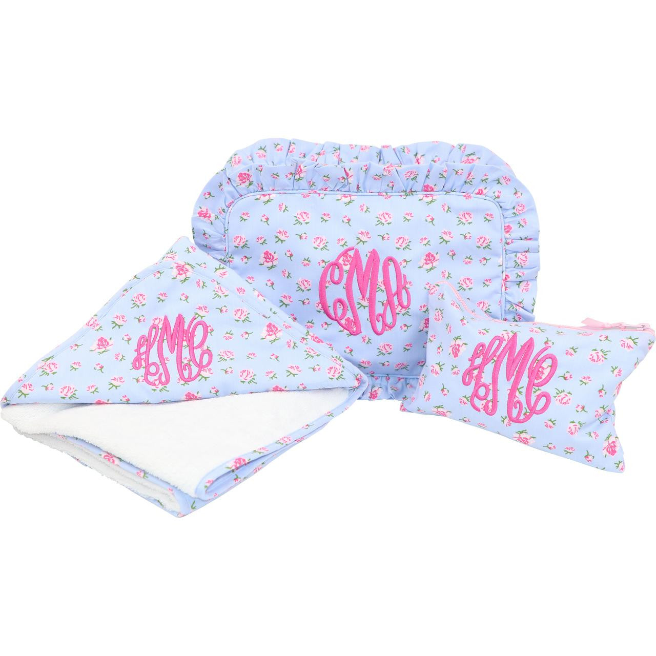 Blue Floral Ruffle Pouch  Monogram - Cecil and Lou