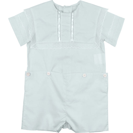 Light blue baby romper with short sleeves on a white background