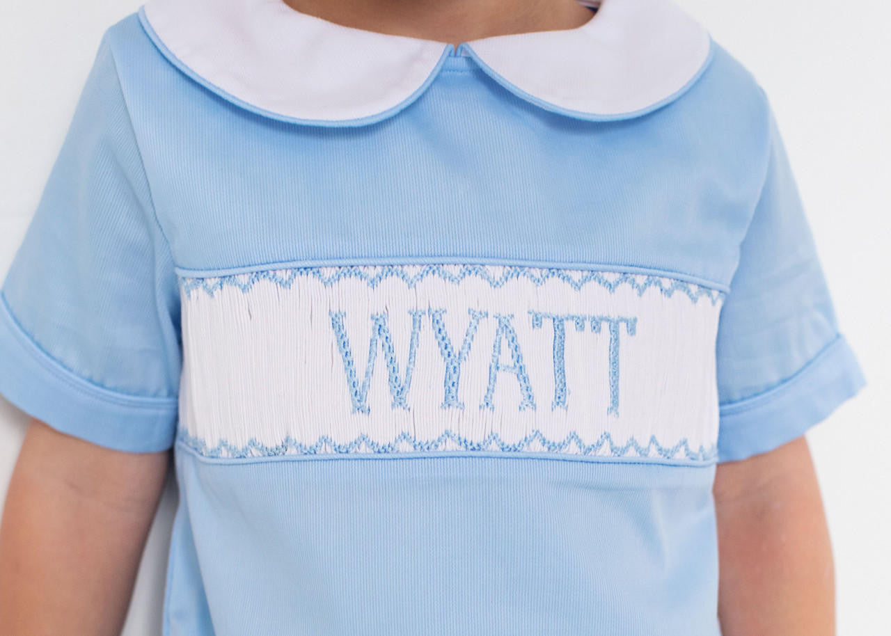 Blue Pique Custom Smocked Bubble  Monogram