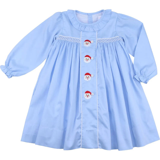 Blue Smocked Embroidered Santa Dress