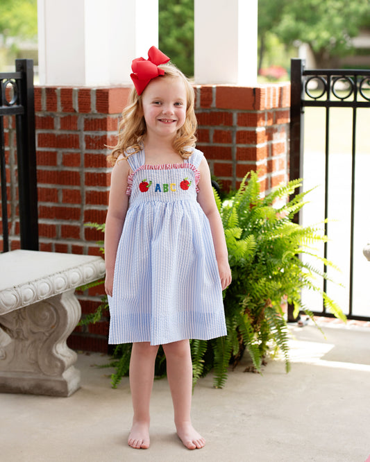 Blue Seersucker ABC Apple And Worm Dress