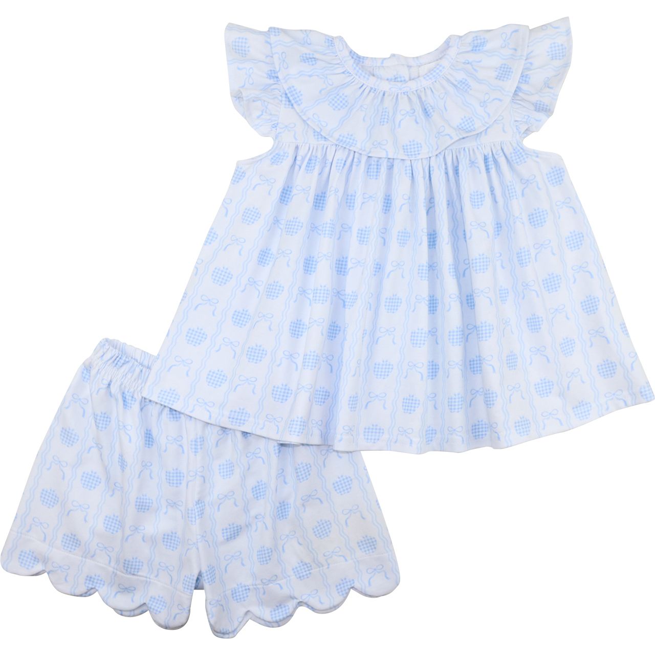 Blue Apple And Bow Knit Scalloped Short Set
