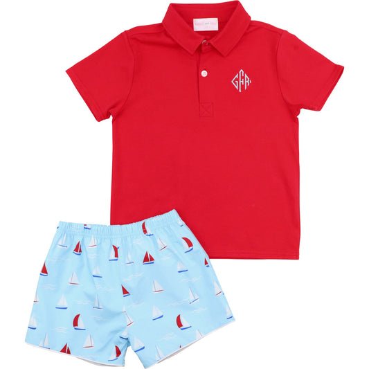 Blue Sailboat Polo Short Set