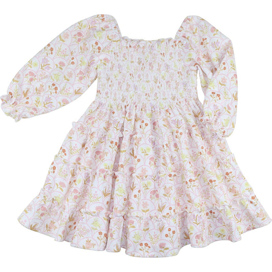 Fall Scalloped Flower Print Smocked Dress