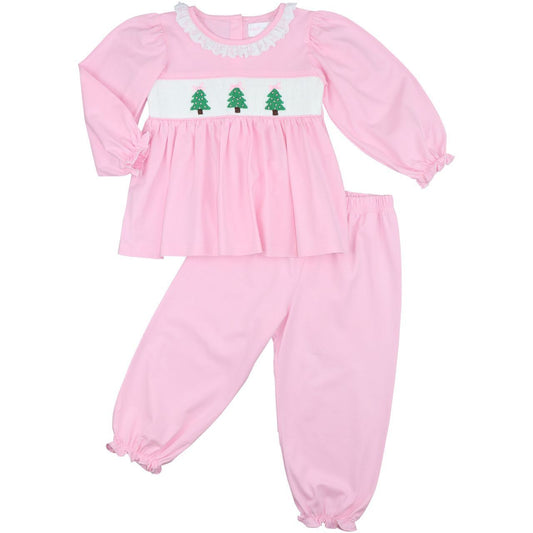 Pink Knit Smocked Christmas Tree Pant Set