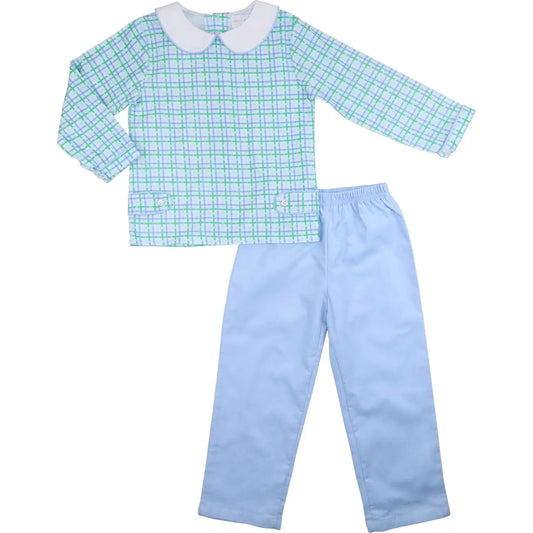 Children's outfit with checkered shirt and light blue pants on a white background