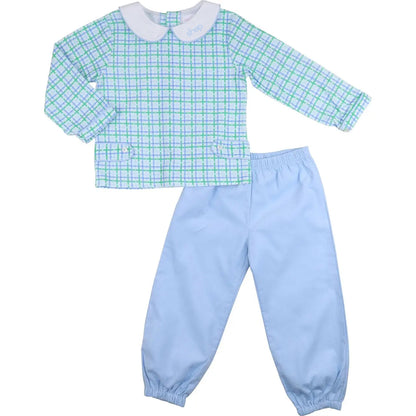 Children's outfit with checkered shirt and light blue pants on a white background