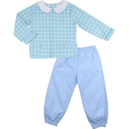 Children's outfit with checkered shirt and light blue pants on a white background