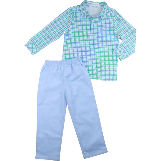 Children's outfit with green and white checkered shirt and light blue pants on a white background