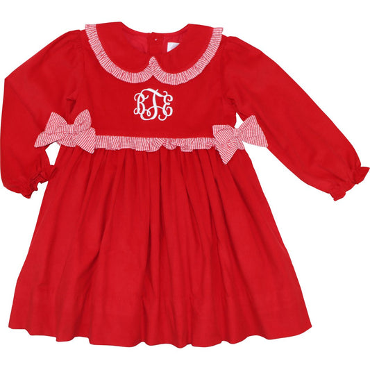 Red Corduroy And Gingham Bow Dress