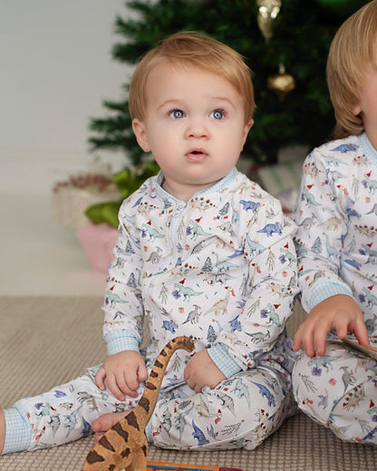Blue Knit Holiday Dinosaur Zipper Pajamas