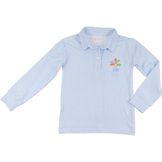 Blue Gingham Knit Embroidered Turkey Polo Shirt