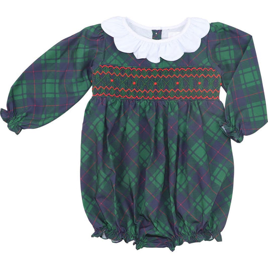 Green And Navy Plaid Smocked Bubble