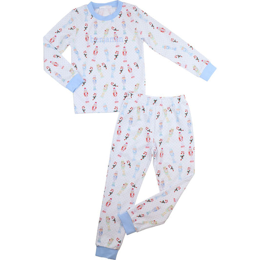 Blue Knit Nutcracker And Candy Cane Pajamas