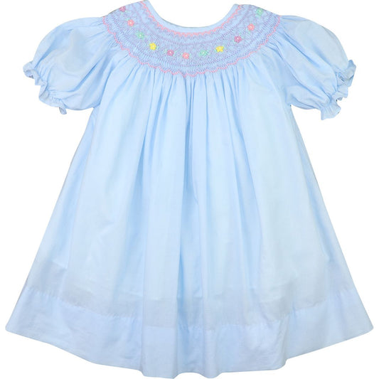Blue Smocked Embroidered Flowers Dress