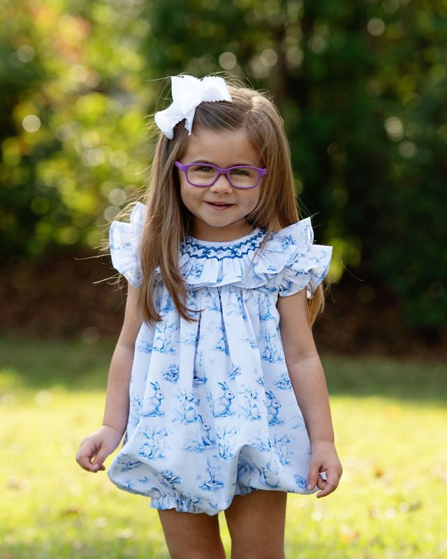 Blue And White Smocked Bunny Print Bubble