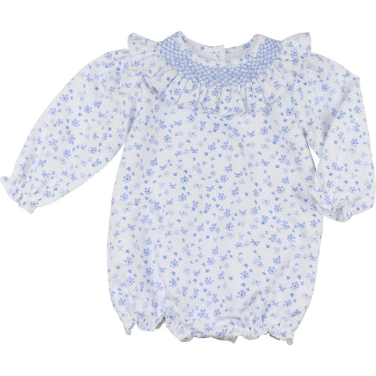 Blue Floral Corduroy Geometric Smocked Bubble
