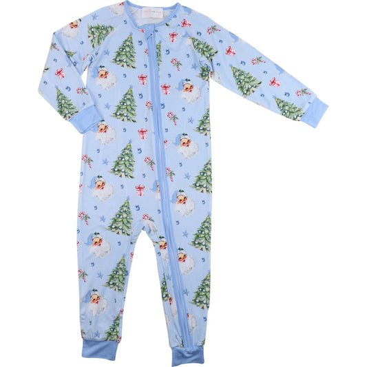 Blue Knit Bamboo Print Zipper Pajamas