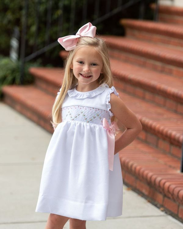 Pink And White Smocked Honeycomb Bow Dress